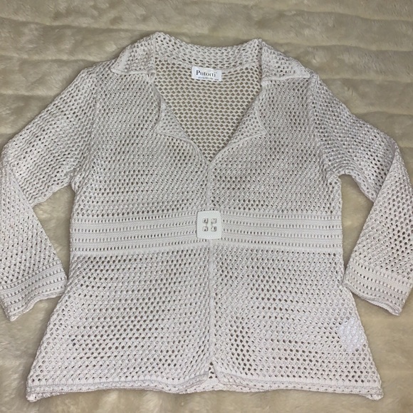 WHITE Knit crochet 60s mod style sweater pullover tunic top M - Picture 9 of 11